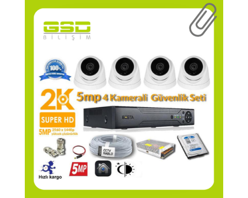 DAHİLİ MİKROFONLU IP POE 5 MP 1440P 4 İÇ MEKAN KAMERALI GÜVENLİK KAMERA SETİ - 1744