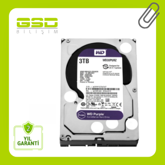 WD PURPLE WD30PURZ 3TB 3,5" SATA III 6GBİT/S 64MB 7/24 GÜVENLİK KAMERASI HARDDİSK